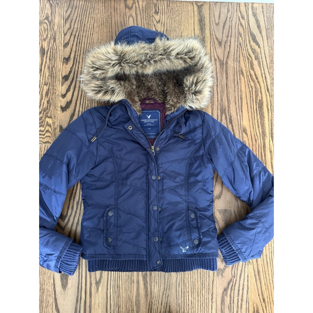 American Eagle AEO Women S Puffer Jacket Faux Fur Hood Blue Down Winter Coat Y2K